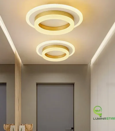 Lustră LED rotundă aurie Halo de 35W cu dublu inel luminos aprins