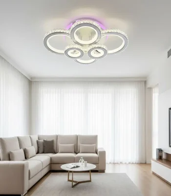 Lustra LED 238W diamante cu 6 cercuri alb si crom functie RGB telecomanda inclusa flux luminos 4320lm
