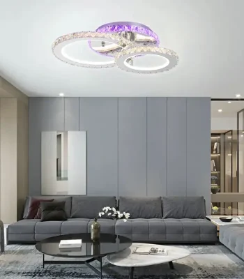 Lustra LED 56W diamante cu 2 cercuri albe finisaj crom functie RGB si telecomanda 2500lm