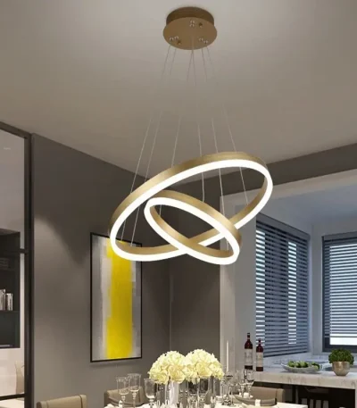 Lustra LED 2 inele Minimalist Ring 100W aurie, cu telecomandă și lumină reglabilă rece, caldă și neutră
