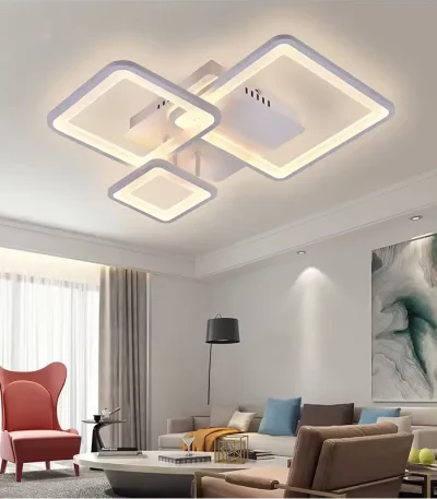 Lustra LED 88W cu 3 pătrate albe, telecomandă și aplicație mobilă, design modern geometric