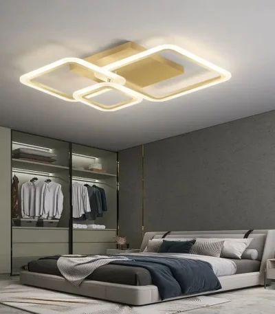 Lustra LED 88W cu 3 pătrate aurii, telecomandă și aplicație mobilă, design modern geometric