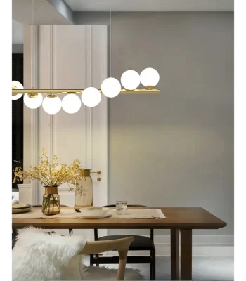 Lustra tip spirala cu 9 globuri albe din sticla corp auriu lungime 100cm inaltime reglabila