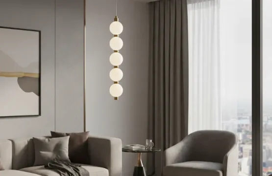 Pendul LED 5 globuri albe cu structura aurie inaltime 1m si lumina selectabila