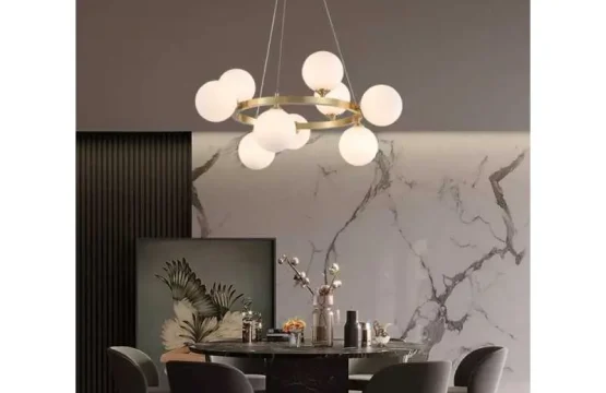 Candelabru modern auriu cu 9 globuri albe design nordic inaltime reglabila soclu G9