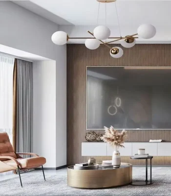 lustra modernă 6 globuri sticlă albă corp auriu E27