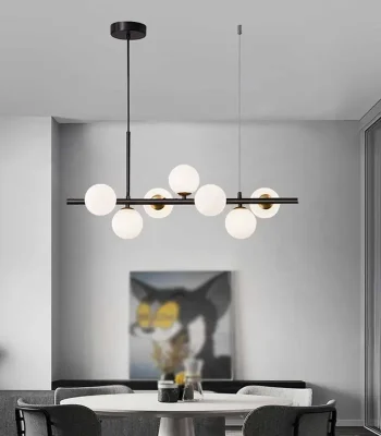 Lustra neagra 7 globuri albe design liniar inaltime reglabila 1m soclu G9