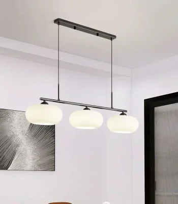 Lustra moderna cu 3 globuri din sticla alba si structura neagra, dulie e27, inaltime reglabila, iluminat interior, becuri neincluse