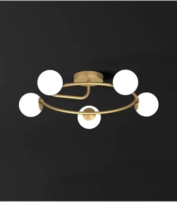 Lustra circulară 5 globuri auriu cu abajururi din sticlă albă, dulie E27, Ø61 cm