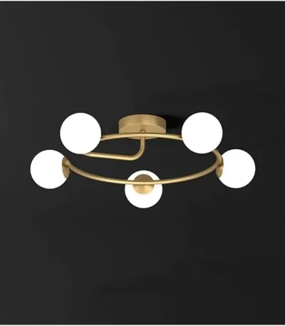 Lustra circulară 5 globuri auriu cu abajururi din sticlă albă, dulie E27, Ø61 cm