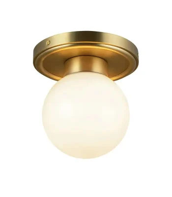 Lustra cu glob alb din sticlă, corp auriu, dulie E27, diametru 15 cm