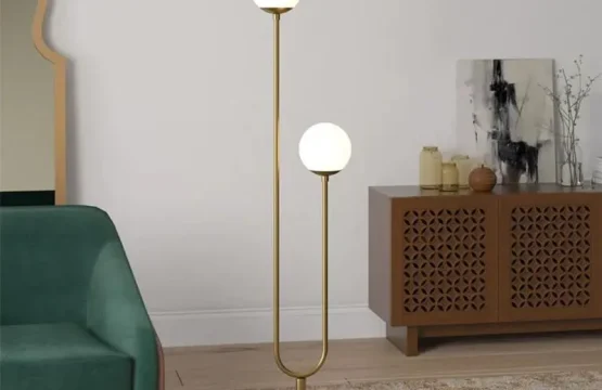 Lampadar auriu cu 2 globuri G9, design minimalist