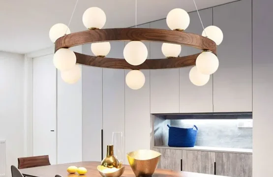candelabru WOOD cu 9 globuri albe finisaj lemn