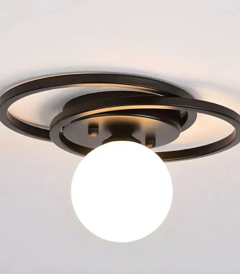 lustra cu 2 cercuri și glob de sticlă, corp negru, design modern, diametru 28 cm