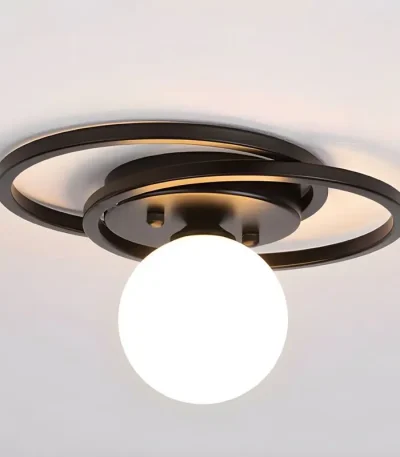 lustra cu 2 cercuri și glob de sticlă, corp negru, design modern, diametru 28 cm