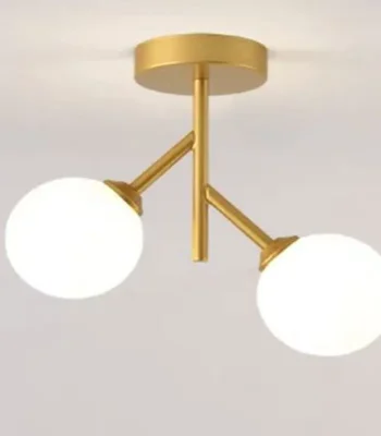 lustra modernă aurie 2 globuri albe corp metalic E27