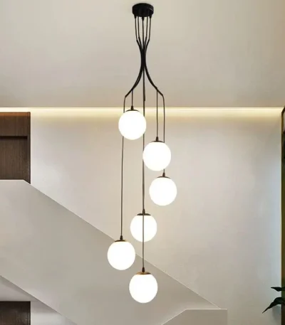 Lustra moderna cu 6 globuri albe si structura neagra inaltime 1.8m