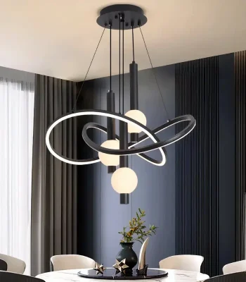 Lustra LED moderna 59W neagra cu globuri mate si design abstract curbat diametru 500mm