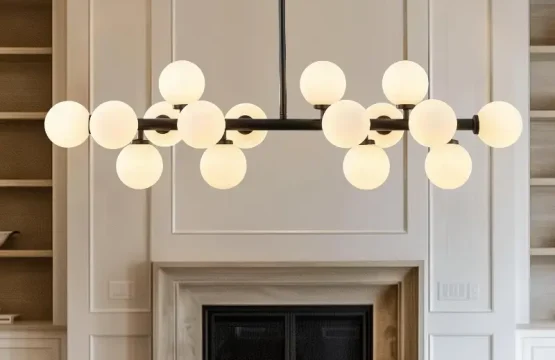 Lustra 16 globuri albe cu design molecular si corp negru mat diametru 90cm inaltime reglabila