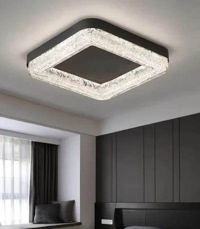 Plafoniera LED patrata 50cm cu cristale si rama neagra 56W lumina reglabila 3 culori
