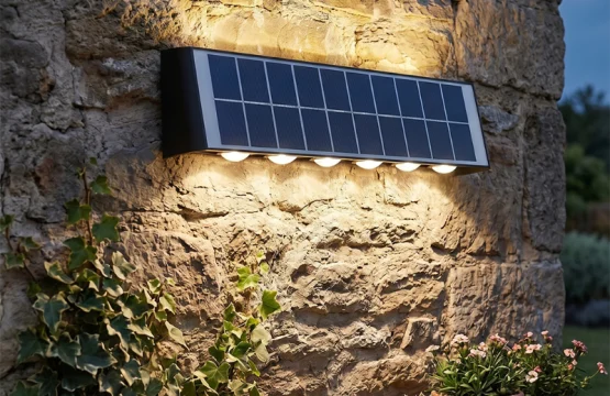 Aplică LED de exterior cu panou solar montată pe perete de piatră, iluminând grădina cu lumină caldă