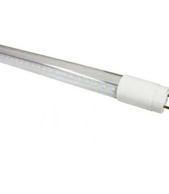 Tub LED transparent T8 de 18W cu soclu G13 și chip-uri LED vizibile pe fundal alb